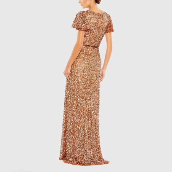 Mac Duggal Size 16 Copper Sequin Beaded V-Neck Short Sleeve Long Maxi Gown Dress - Picture 5 of 5